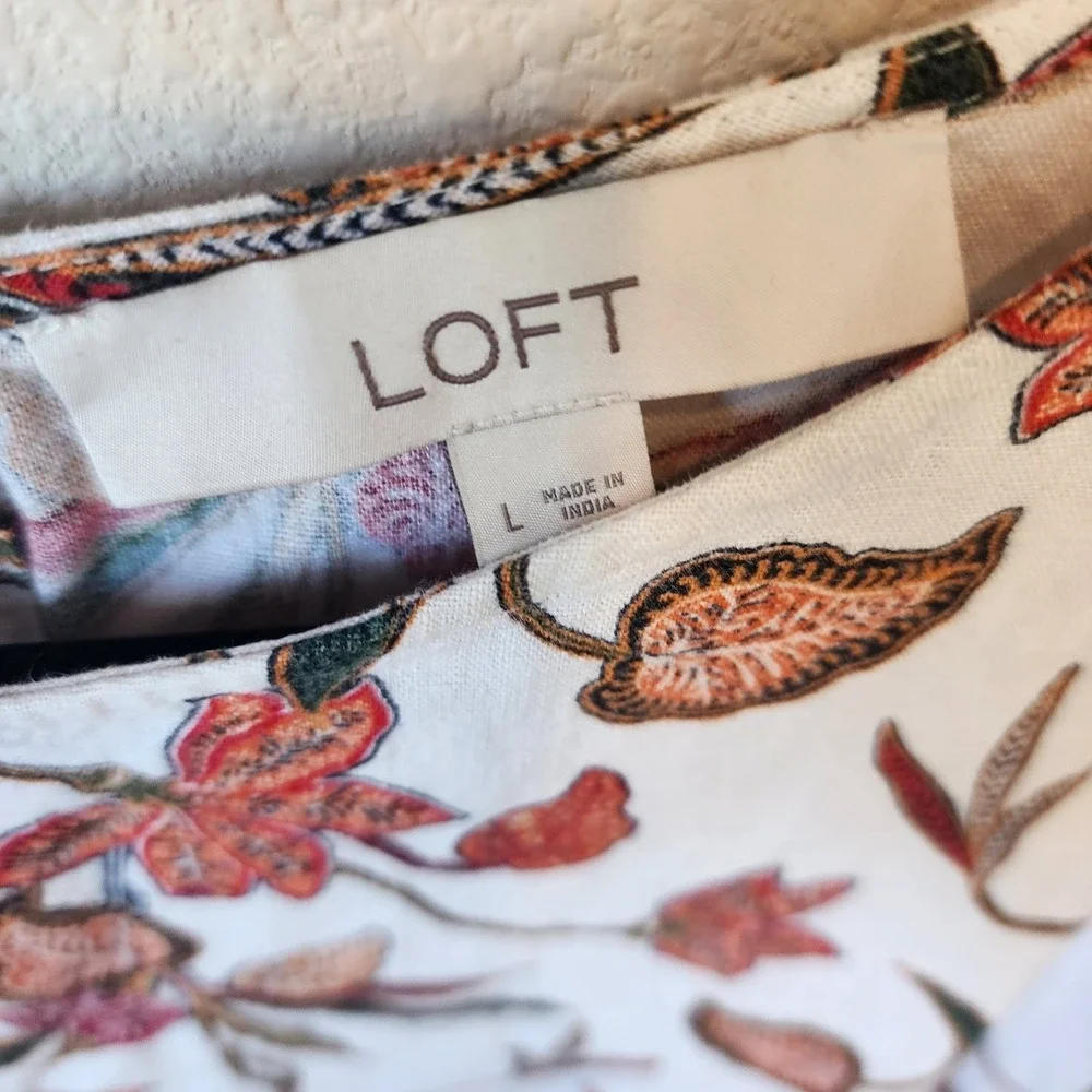 LOFT Womens Floral Linen Blend‎ Top in Large Cottagecore, Boho, Earthy, Granola